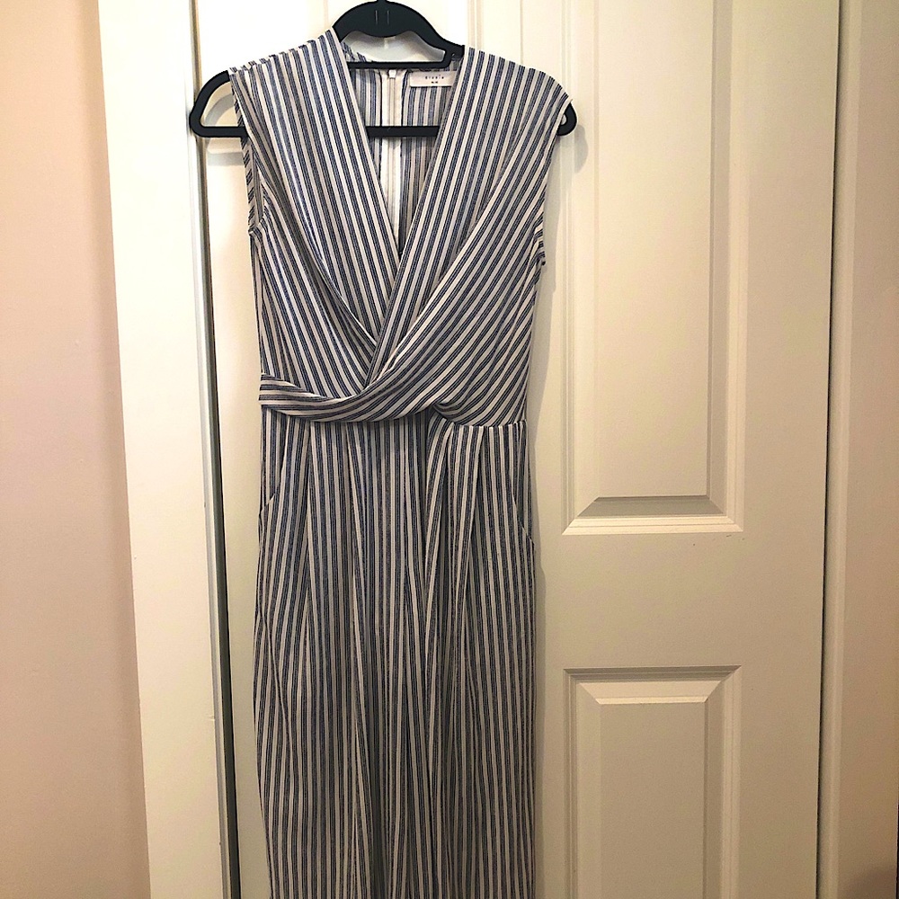 Blue and white stripe cropped jumpsuit